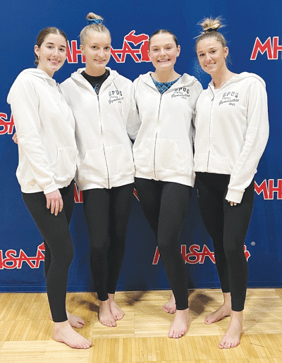  Grosse Pointe United had four gymnasts compete individually at the 2022 Michigan High School Athletic Association Division 1 State Finals. Pictured from left are senior Madi Lucido, sophomore Allison Mattes, junior Alayna Okonoski and 2022 graduate Sammy Lucido. 