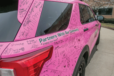  As one of the fundraisers that helped Novi police raise $10,000 for the center, members of the public could make a financial donation to sign their names on the Pink Cruiser. 