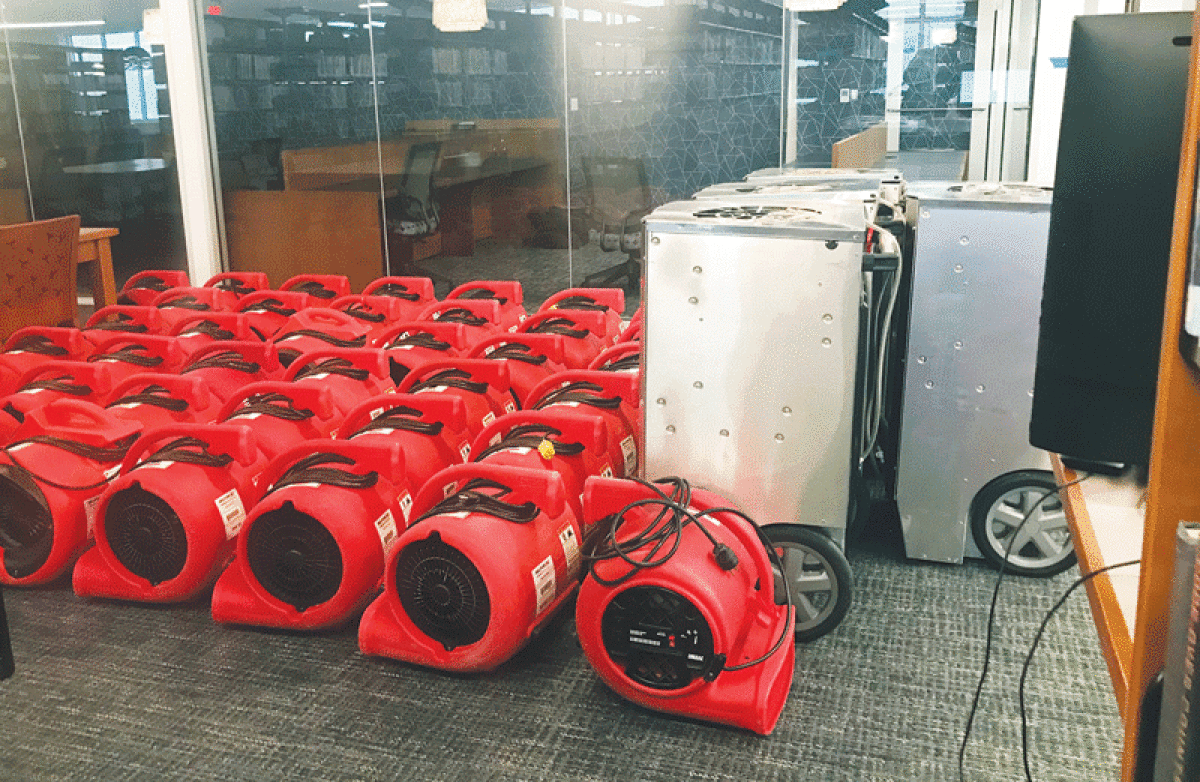  BELFOR brought in hundreds of fans and dehumidifiers to clean up and restore the Shelby Township Library following substantial water damage the occurred Dec. 24. The library remains closed to patrons, but it announced that curbside service would begin this week. 