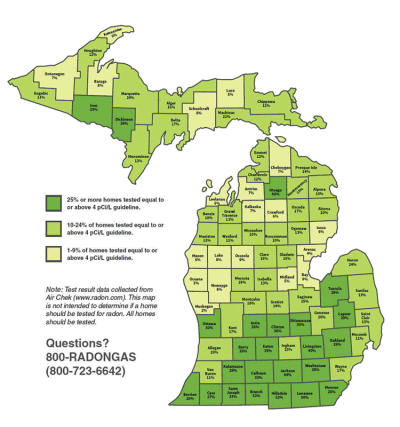  The Michigan Department of Environment, Great Lakes, and Energy’s map of Michigan includes the percentage of elevated radon test results by county. According to the data, 29% of homes in Oakland County test above the action level, 11% in Macomb County have elevated radon levels and 17% of homes in Wayne  County test above the state’s radon action level.  