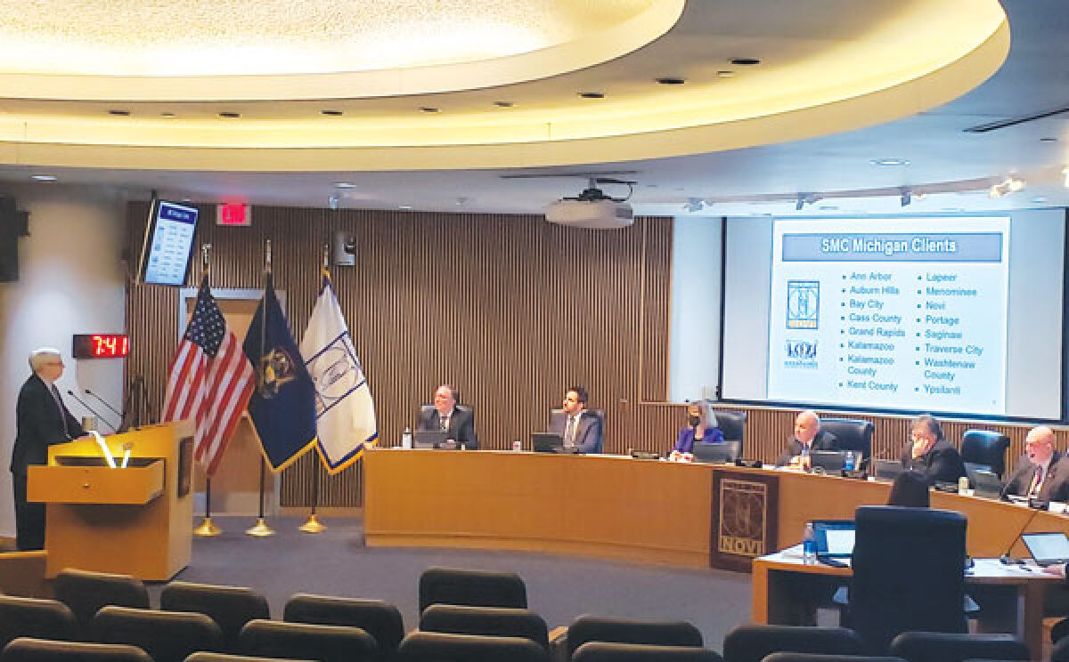  Robert Slavin, president of Slavin Management Consultants, fields questions from the Novi City Council as to why his firm would be the right choice to aid the city in its search for a new city manager during the Jan. 23 council meeting.  