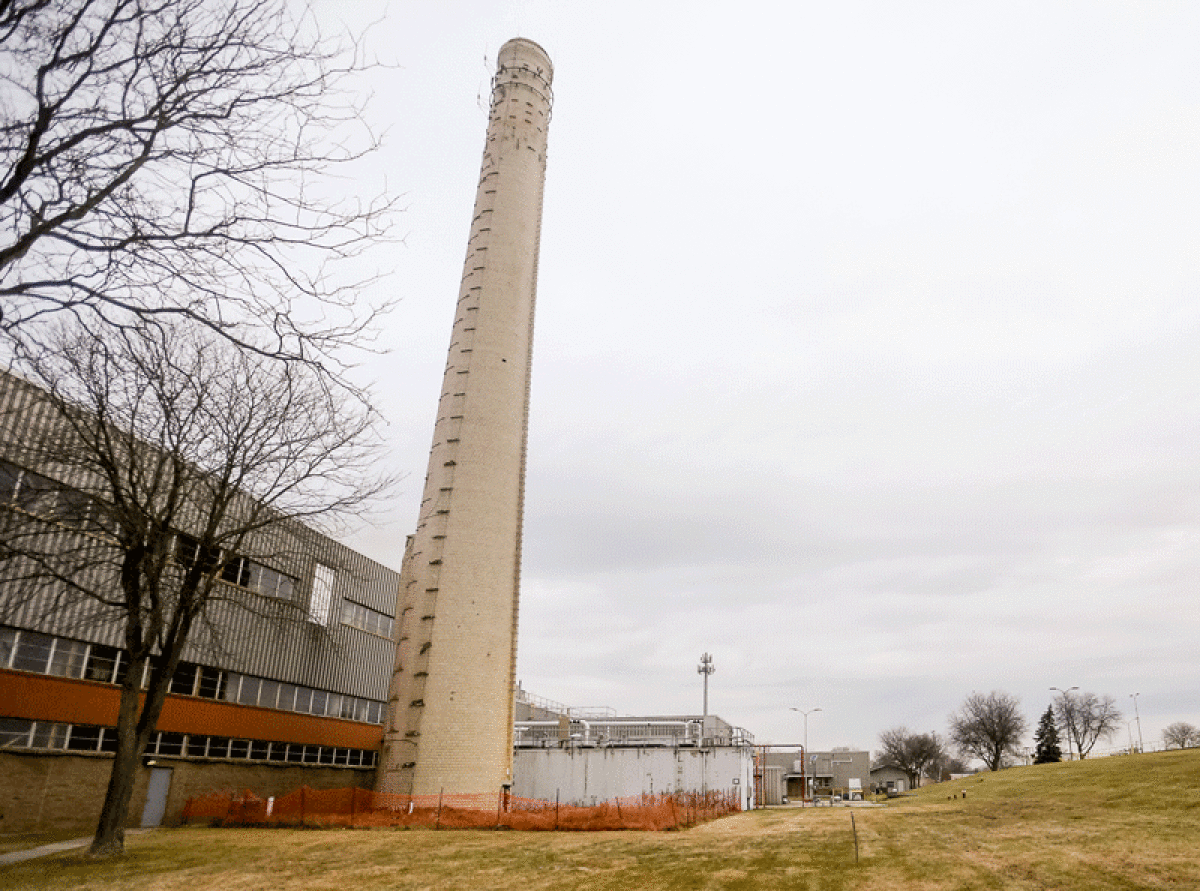  The smokestack, or chimney, is a 152-foot brick structure that was built in 1957 at the Warren Waste Water Treatment Plant.  