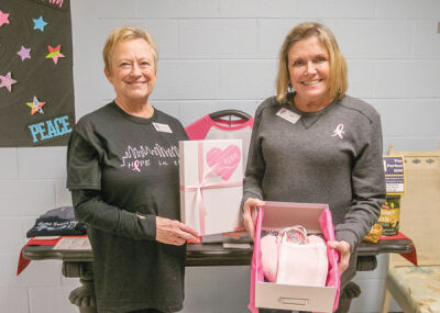 Jennie Spring, left, and Mj Gaspar, right, show one of the “Boxes of Hope” with items to make time after a mastectomy more comfortable.  