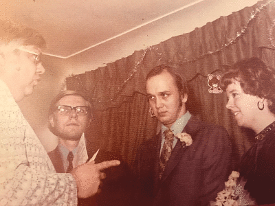  On Dec. 31, 1972, Rolan Covert, second from right, married Annie Gudgalis, far right, in a wedding ceremony held in the living room of his sister’s house in Warren. Annie’s brother Tony, second from left, was the best man.  