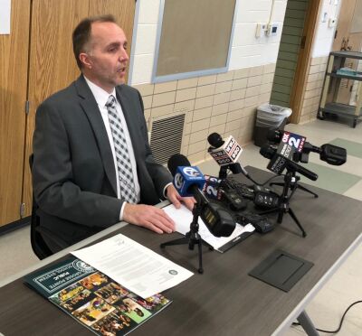 Grosse Pointe Public School System Superintendent Jon Dean gives a press conference Feb. 14 at Barnes Early Childhood Center in Grosse Pointe Woods in the wake of a mass shooting at Michigan State University Feb. 13 that claimed the lives of two district graduates. 