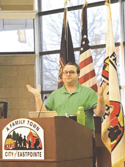  Eastpointe Economic Development Manager Ian McCain talks about plans for Eastpointe during the Eastpointe-Roseville Chamber of Commerce’s coffee hour held Feb. 7 at Eastpointe City Hall. 
