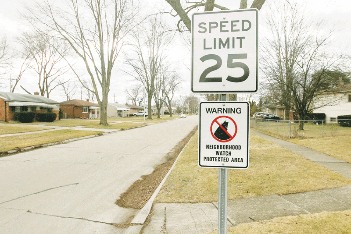  A speed limit sign appears along Viceroy Drive in Sterling Heights. The city said it plans to put pavement markings along Viceroy very soon that will post speed limits and encourage motorists to slow down. 