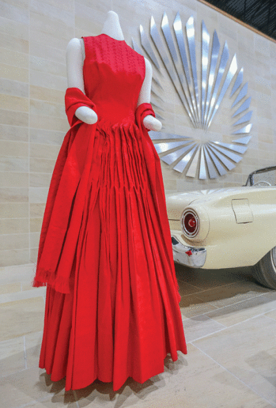   A Ruth Joyce damask evening gown from 1955 is one of the many artifacts on display at the “Creative Michigan: Making The Mitten Modern ‘’ exhibit at the Lorenzo Cultural Center in Clinton Township. 