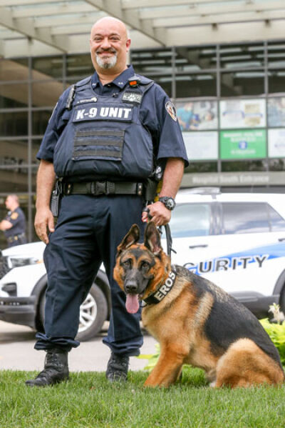  K-9 officer Angelo Gritsas stands with Eros, a 20-month-old German Shepherd and the newest K-9 to join Royal Oak Beaumont’s security team, at the hospital June 16. 