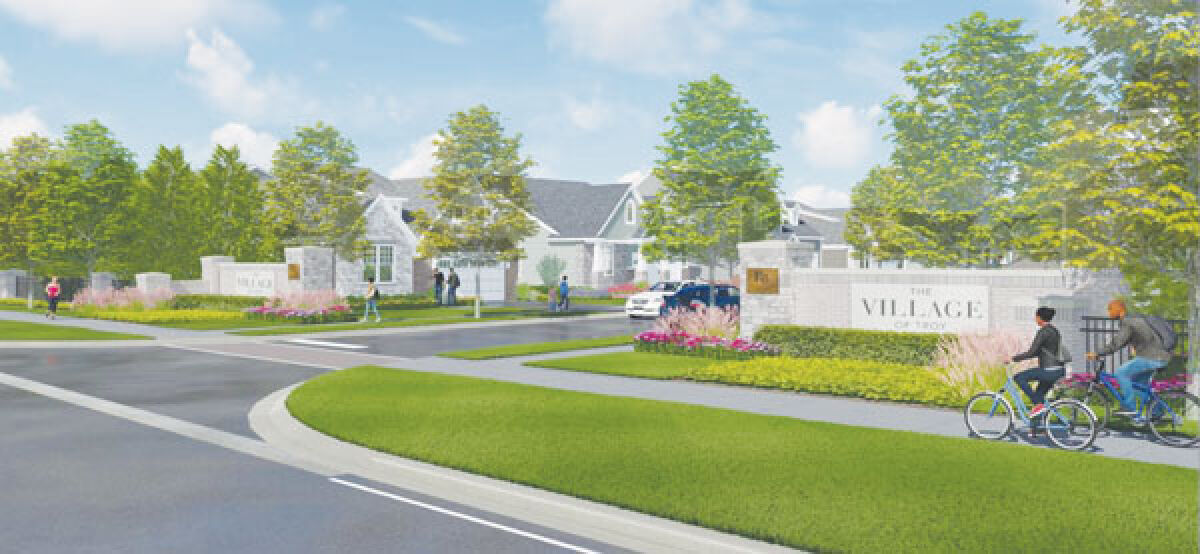  The Village of Troy, as presented in this concept art, will include three different housing types across its 20 acres of land and will have trail access and green space for residents as well. 