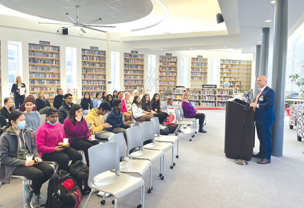  Troy Superintendent Richard Machesky introduces Michigan Superintendent Michael Rice after Troy High School’s media center, pictured, was named the best in Michigan for the 2022-23 school year. 