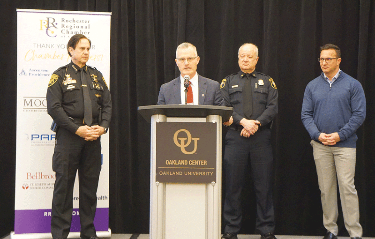  RCS Superintendent Robert Shaner — joined by Oakland County Sheriff Michael Bouchard, Rochester Police Chief Steve Schettenhelm and Secure Education Consultants CEO Jason Russell — talks about school safety during the Rochester Regional Chamber of Commerce Community Outlook Breakfast.   