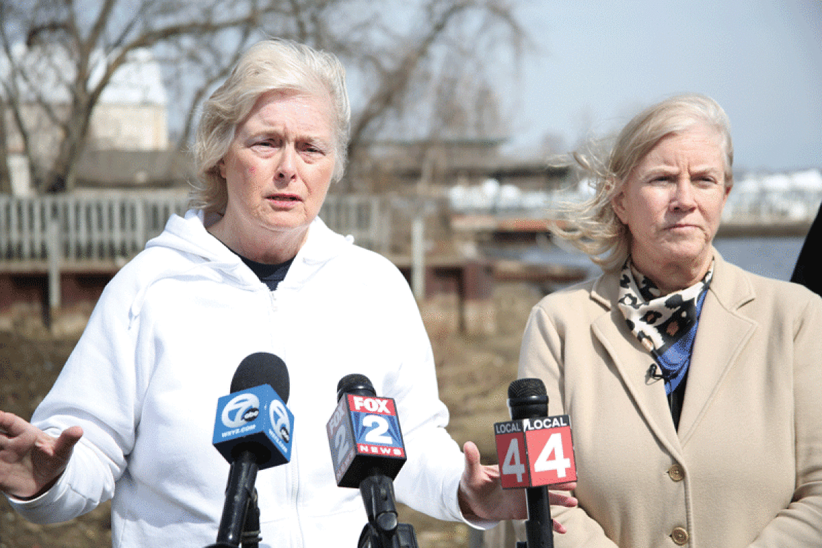  Macomb County Commissioner Barbara Zinner, left; Macomb County Public Works Commissioner Candice Miller; and Macomb County Board of Commissioners Chair Don Brown address the research partnership between Macomb County and the U.S. Army Corps of Engineers in Harrison Township on March 21. 