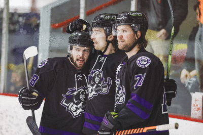  Rockers celebrate a goal during their win over the Binghamton Black Bears on March 25. 