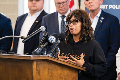  Ciera Milton, Zion Foster’s mother, gets emotional while making remarks during a press conference to announce Operation Justice for Zion May 12 at the Lenox Township Community Center. 