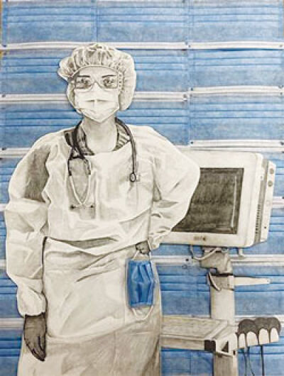  Clare Knox’s piece “The Last Line” portrays the struggle frontline workers and medical personnel have had to face during the COVID-19 pandemic. 