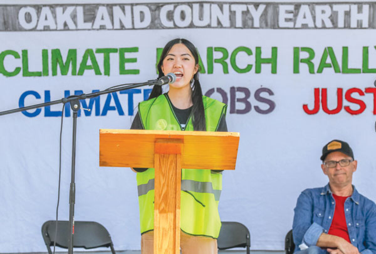  At last year’s Oakland County Earth Day celebration in Royal Oak, Heather Chen moderates the rally following the climate march. 