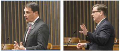  Attorneys Lawrence Garcia, left, and Jeffrey Schroder, right, presented arguments in Macomb County Circuit Court in March. Both attorneys said their clients have sought expedited decisions from the Michigan Court of Appeals.  