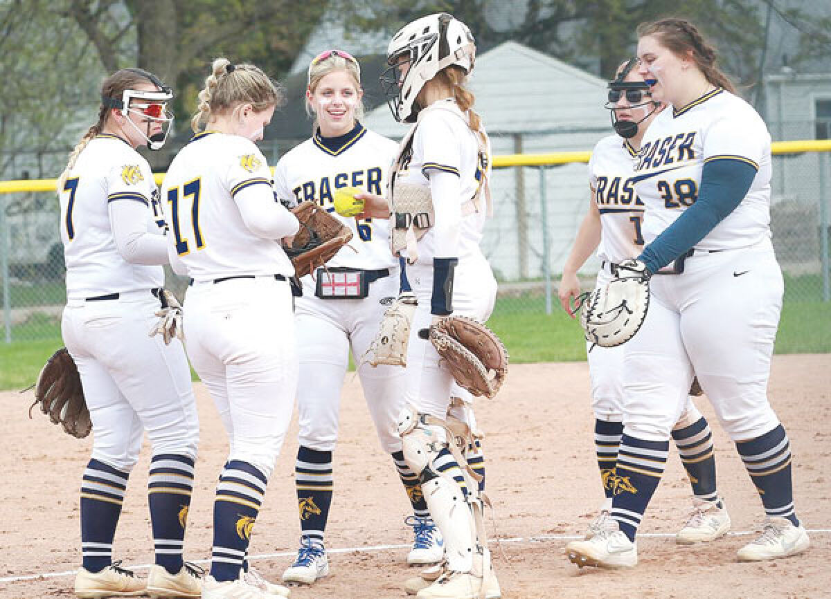  Fraser’s infield gathers at the mound during the game against Berkley on April 19 at Berkley High School. 