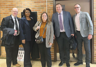  Speakers from the April 18 presentation for Southfield high school students pose together. From the left are Ron Liscombe, Tawanesha Jones-Williams, Kari Blanchett, Brodie Killian and Larry Bukowski. 