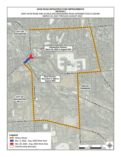  During the closures, drivers should follow the detour route of Dequindre Road to Hamlin Road, east to Ryan Road, north to 23 Mile Road, east to Shelby Road, north to 24 Mile Road and west back to Dequindre Road, and vice versa. 
