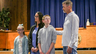  The Reeves family, left to right, Raelyn, Ireta, Dillon and Steve, attend the press conference April 27.  