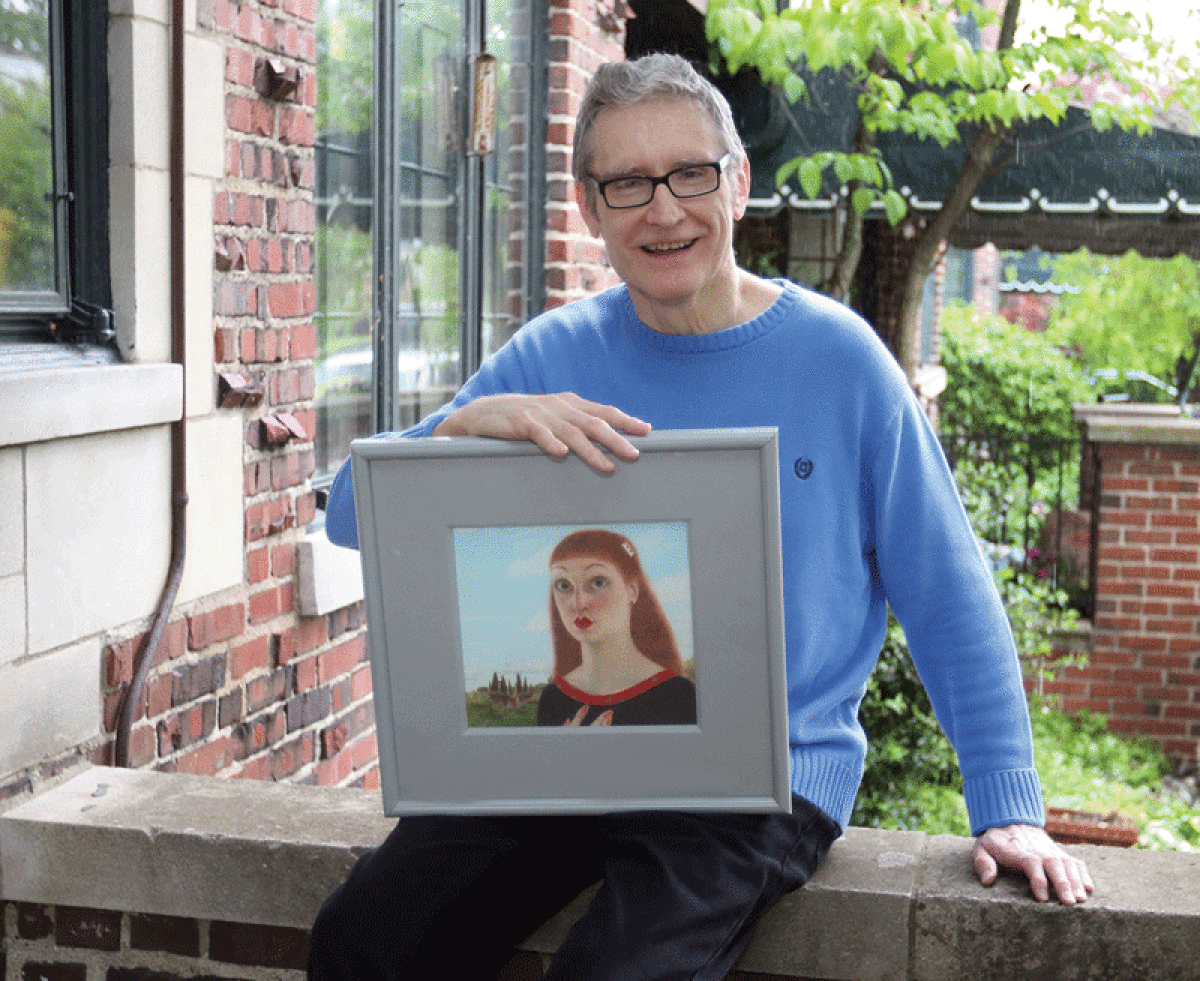  Grosse Pointe City artist Carl Demeulenaere holds his 1980 colored pencil and mixed media work, “The Past in Myth.” The artwork is one of several by Demeulenaere on display at the Detroit Artists Market as part of a multi-venue exhibition in June showcasing work by LGBTQ+ artists over the last 77 years. 