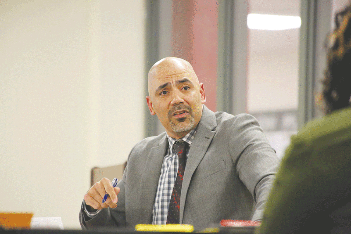  Julian Roper talks to the Mount Clemens Community Schools Board of Education at an open superintendent interview on April 25. Roper was one of three finalists for the position and was officially offered the job on Tuesday, May 3. The board plans for him to start on July 1, pending contract negotiations.  