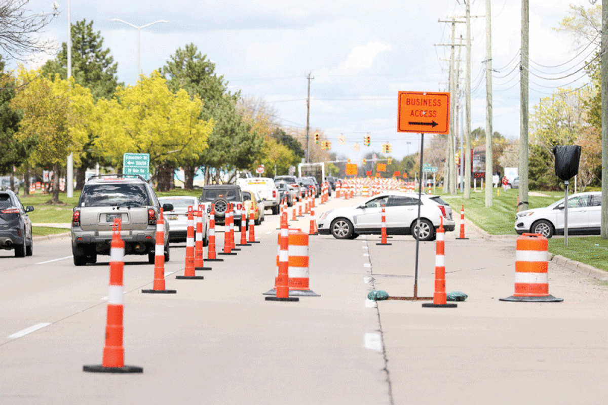  Orange cones line Schoenherr Road near Canal Road as the 2023 road construction season gets underway in Sterling Heights. 