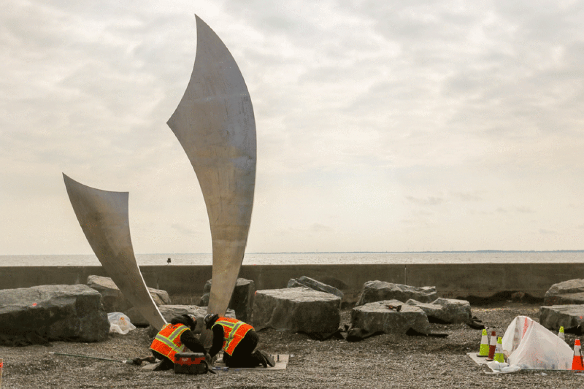  Workers from Lee Industrial Contracting spent two days, Feb. 28 and March 1, putting together the sculpture, “Les Braves II: At Water’s Edge,” at The War Memorial in Grosse Pointe Farms. 