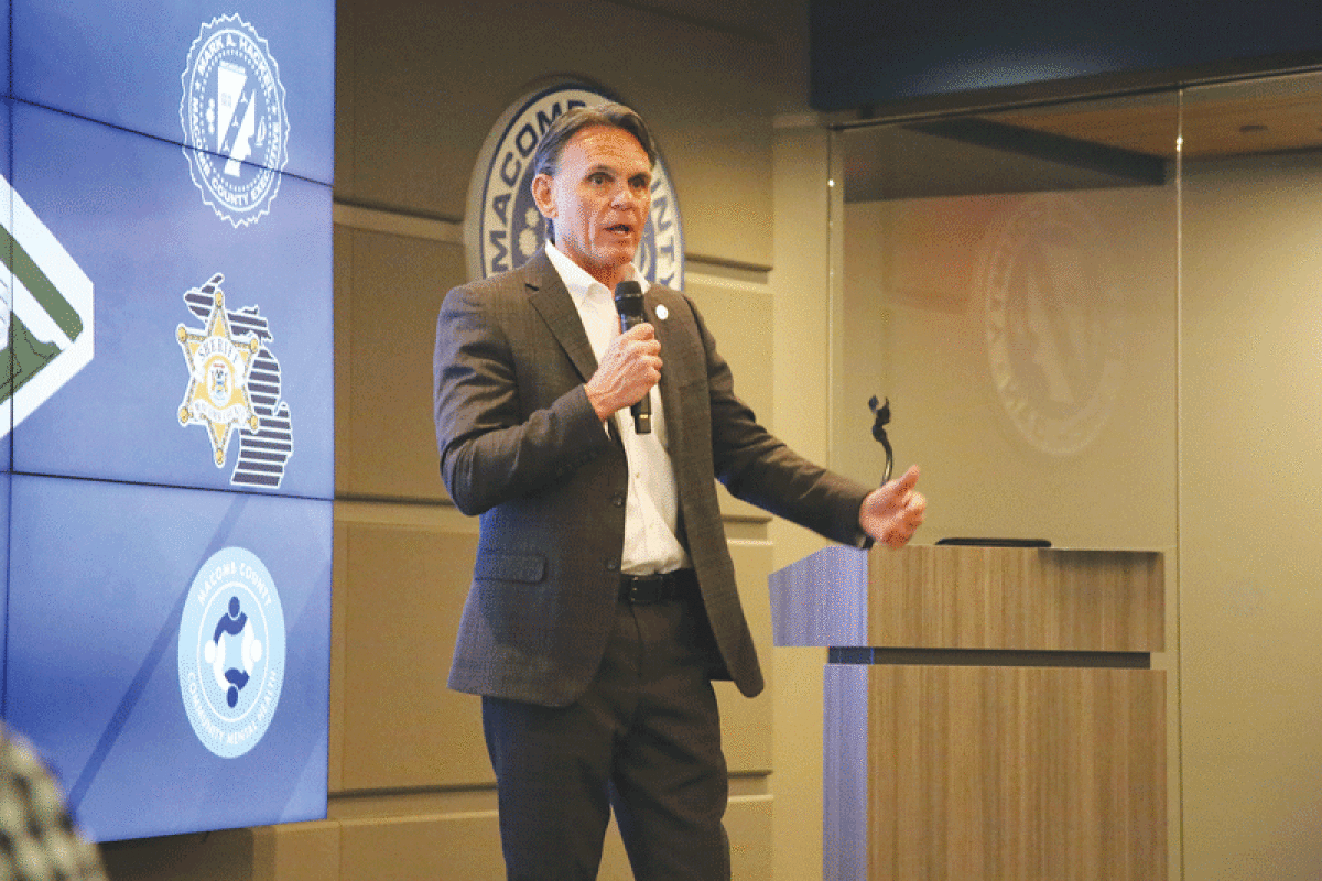  Macomb County Executive Mark Hackel discusses a proposed $228 million expansion of the Macomb County Jail, with a focus on mental health at a press conference May 11.  