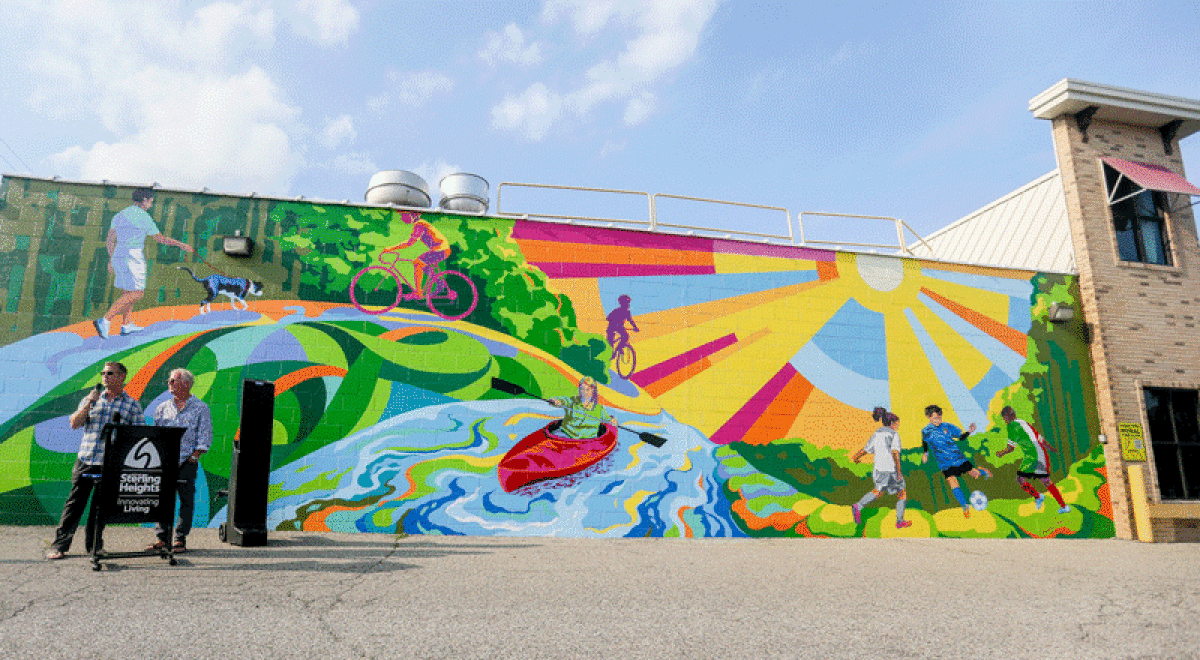  This “Trailblazer” mural on Ventimiglia Italian Foods, along Dodge Park Road in Sterling Heights, was made possible through the city’s public art program. The mural was designed by artist Wendy Popko. 