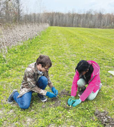  Nethanya Fonseka and Nick Hooton, ninth graders at the International Academy of Macomb in Clinton Township, planted 100 trees in Macomb Township on Arbor Day April 28. The trees planted are poplars engineered to sequester an increased amount of carbon. 