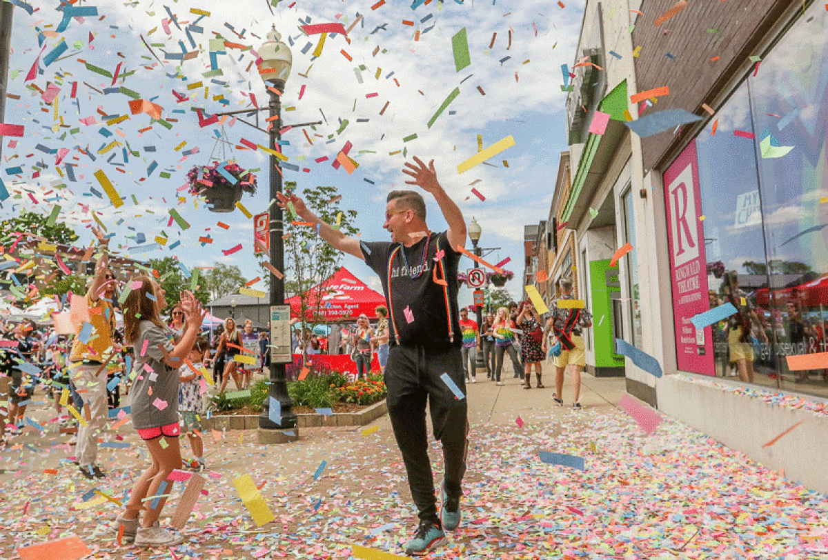  Confetti rains down from the roof of Affirmations during last year’s Ferndale Pride event. 