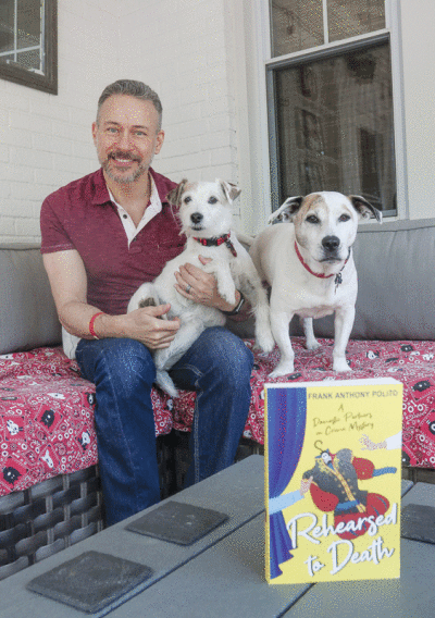  Hazel Park native and author/playwright Frank Anthony Polito, seen here at his Pleasant Ridge home with his dogs, Jack and Clyde, has just released “Rehearsed to Death.” The dogs also feature in the story.  