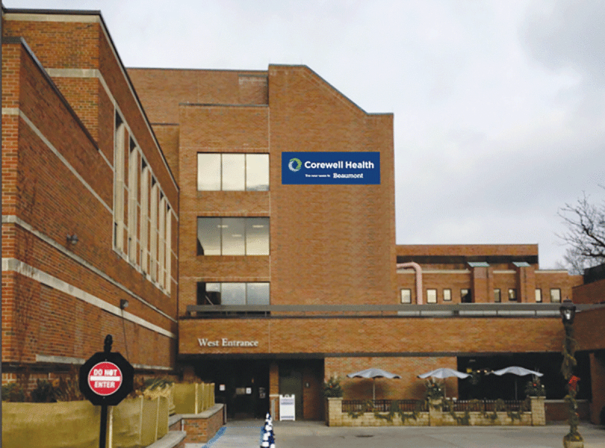  This rendering shows a temporary banner sign that will be displayed on the former Beaumont Hospital, Grosse Pointe, to reflect the new name of Corewell Health. 