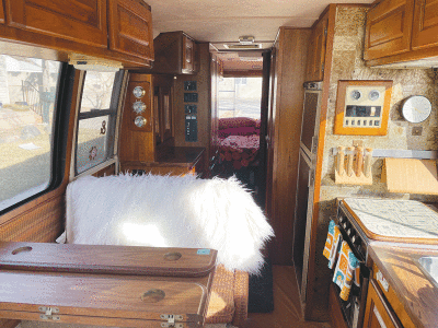   The 1978 GMC Royale motor home has a kitchenette, bathroom, dining area, bar and more.   