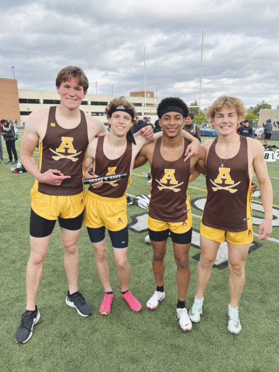  Adams seniors Parker Orlowsky, Damarcus Rouse, Kyan Wilkins and Liam Fraser earned state runner-up in the 4x400 relay at the MHSAA Division 1 state finals on June 3 at Rockford High School. Pictured left to right, Fraser, Wilkins, Rouse, Orlowsky. 