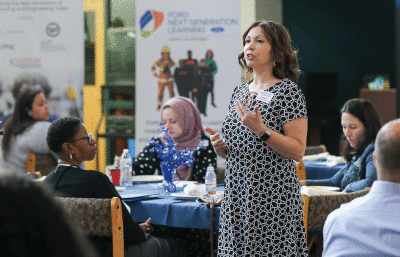  During the “Industry Partner Celebration” breakfast June 6, Center Line Public Schools Assistant Superintendent Lisa Oleski talks about the career pathways available at each grade level in the district. 