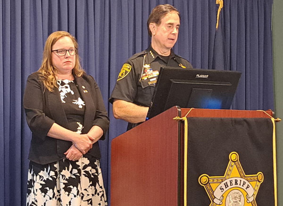  Oakland County Sheriff Michael Bouchard, with state Rep. Kelly Breen, talks about the effects of xylazine, which is being mixed with fentanyl and makes the naloxone that deputies carry less effective in treating overdoses. 