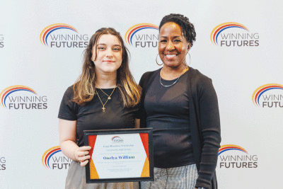  At the Winning Futures Awards Celebration June 6 in Madison Heights, mentor Beverly Maddox, a Shelby Township businesswoman, right, was recognized for five years of career mentoring. Maddox mentored Onelya William, left, a student at Community High School in Sterling Heights, who received a $3,000 scholarship at the celebration. 