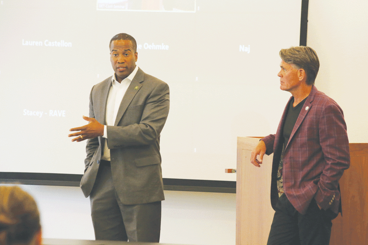  U.S. Rep. John James and Macomb County Executive Mark Hackel spoke to Michigan business professionals in Detroit about the defense industry and auto industry on June 26.  