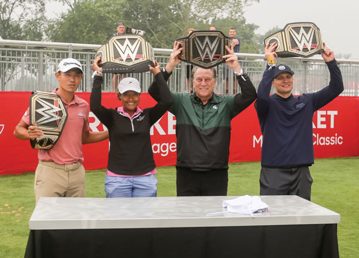  Team Lineage, which consisted of, from left, PGA golfer Collin Morikawa, John Shippen Invitational winner Paige Crawford, Michigan State’s Tom Izzo and corporate partner John Patchoski, earned first place at the AREA 313 Celebrity Scramble with a 3-under-par score. 
