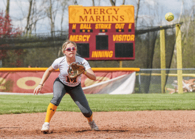  Mercy senior Izzy Chaput looks  to make a play during a team practice. 