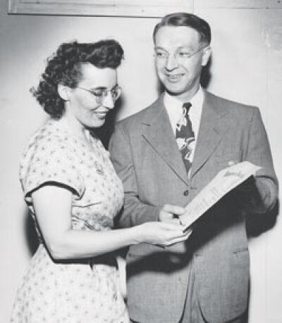  In 1949, Theresa Shepard Tierney was Lawrence Tech’s first female graduate. She is pictured with George Lawrence as she receives her degree. 
