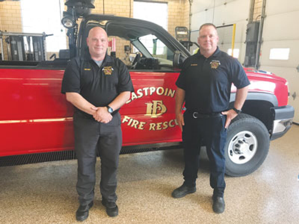  Fire Chief Brian Marquardt, left, and Deputy Chief/Fire Marshal Alton Polk were the guest speakers at the Eastpointe-Roseville Chamber of Commerce coffee hour July 25. 