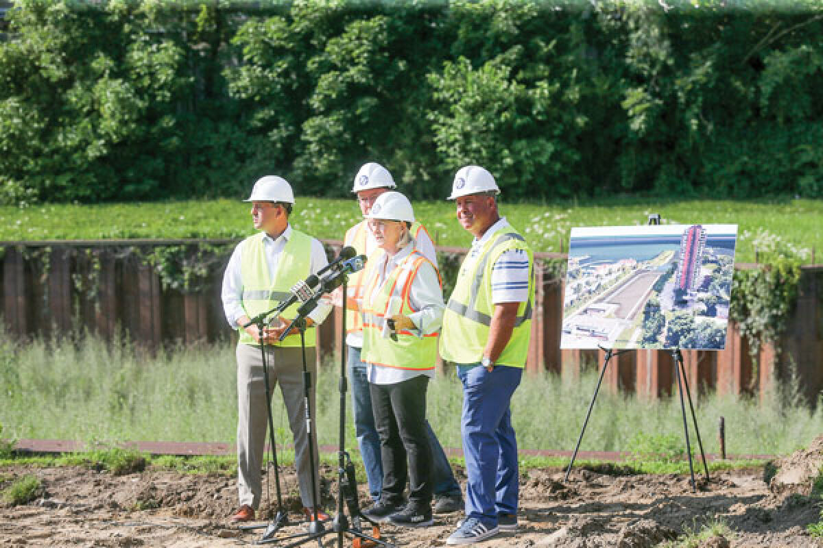  Candice Miller speaks about upcoming projects and is joined by state Sen. Kevin Hertel, Macomb County Board of Commissioners Chairman Don Brown and St. Clair Shores Mayor Kip Walby. 