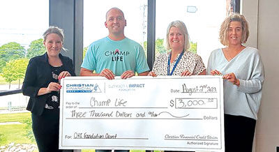  Christian Financial Credit Union’s Outreach & Impact Foundation presented a $3,000 grant to Champ Life of St. Clair Shores. From left to right, Ashley Geddes from Christian Financial, Tommy Sheerer from Champ Life, Christine Quitter and Barb Trbovich from Christian Financial. 