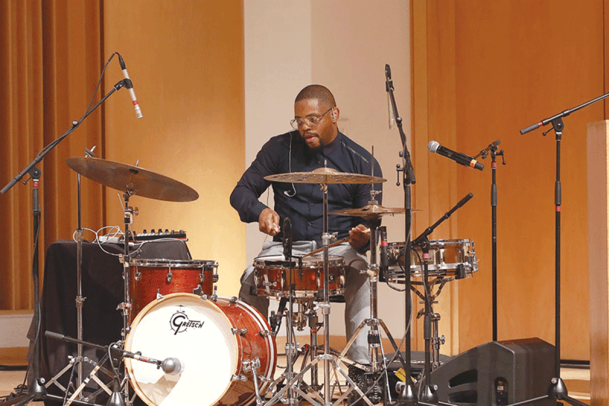  Detroit native Karriem Riggins, who has made a name for himself in jazz as well as hip-hop, is the Detroit Jazz Festival’s 2023 Artist-in-Residence. Here, he performs at a DJF preview event April 12 at Wayne State University. 