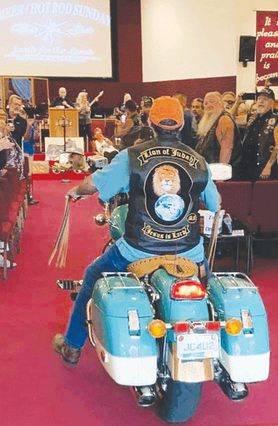  Harris has been known to ride his bike through a local church during a “Biker/Hot Rod Sunday” event.  
